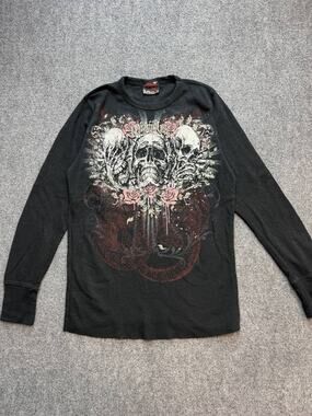 Miami Ink Skull Roses Graphic Thermal Shirt Women M Black Y2K Goth